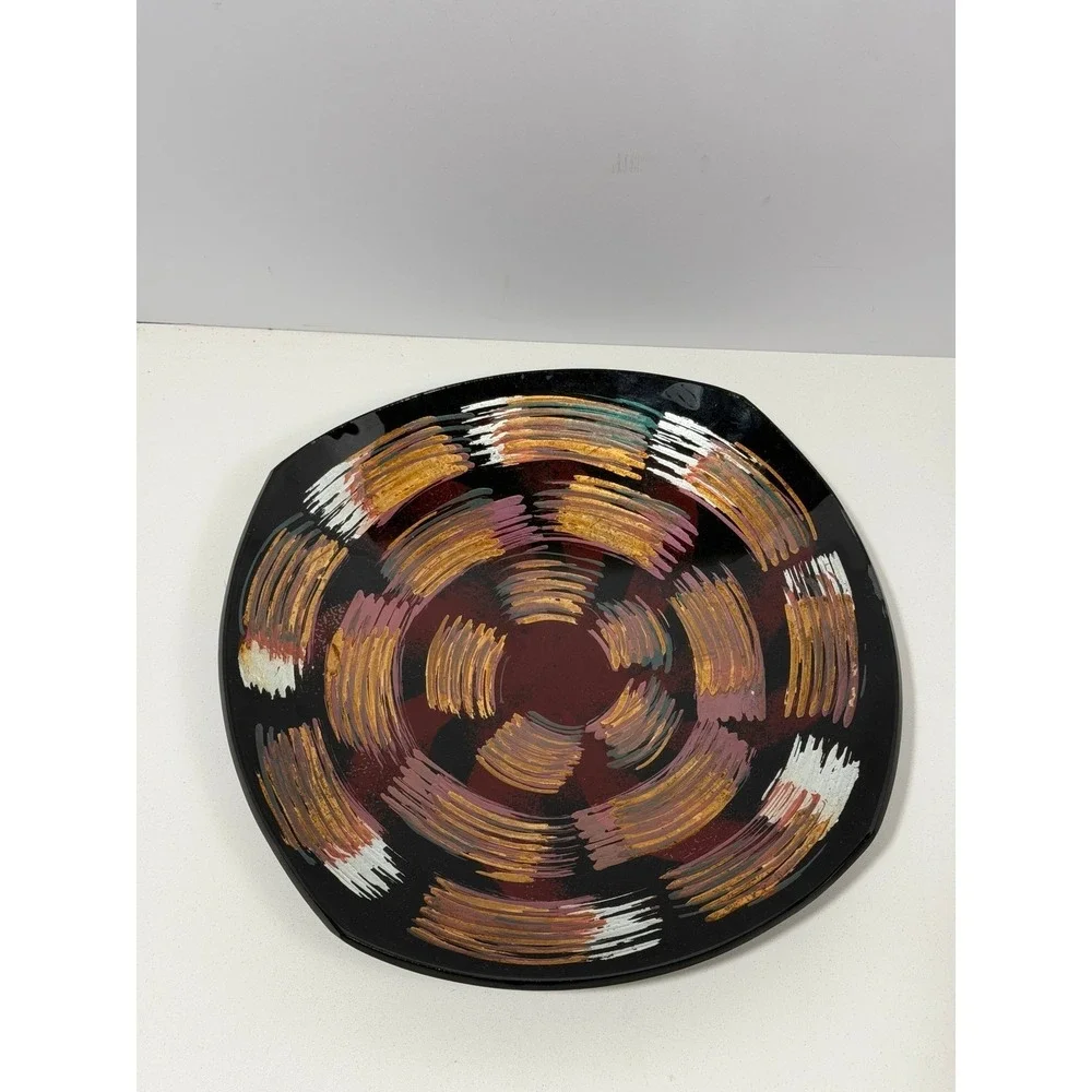 Signed Studio Art Glass Hand Painted Abstract Swirl Plate Black Gold‎ 11.5 Inch